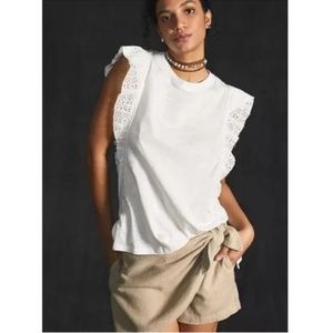 Anthropologie Pilcro Sustainable Ruffle Eyelet White Tunic Tank Size Medium
